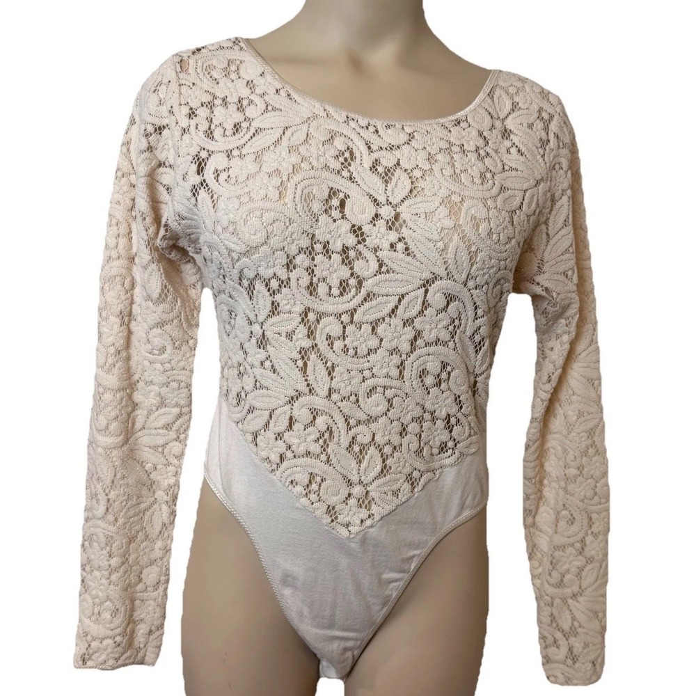 Vintage Victoria's Secret Gold Label 90s Crochet Lace Bodysuit Ivory Cream Large